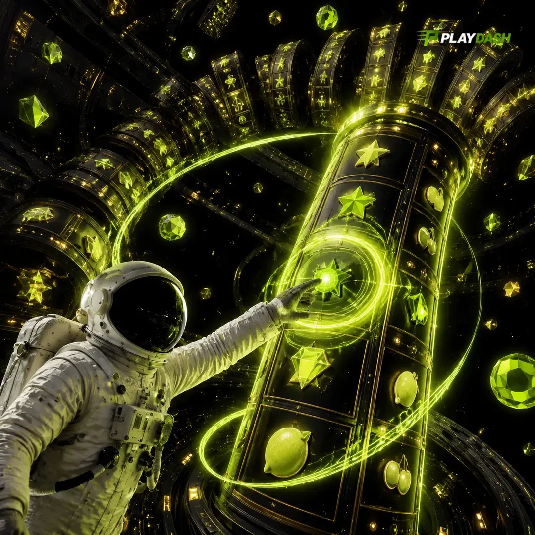 PlayDash 插画：宇航员伸手触碰发光的老虎机符号柱