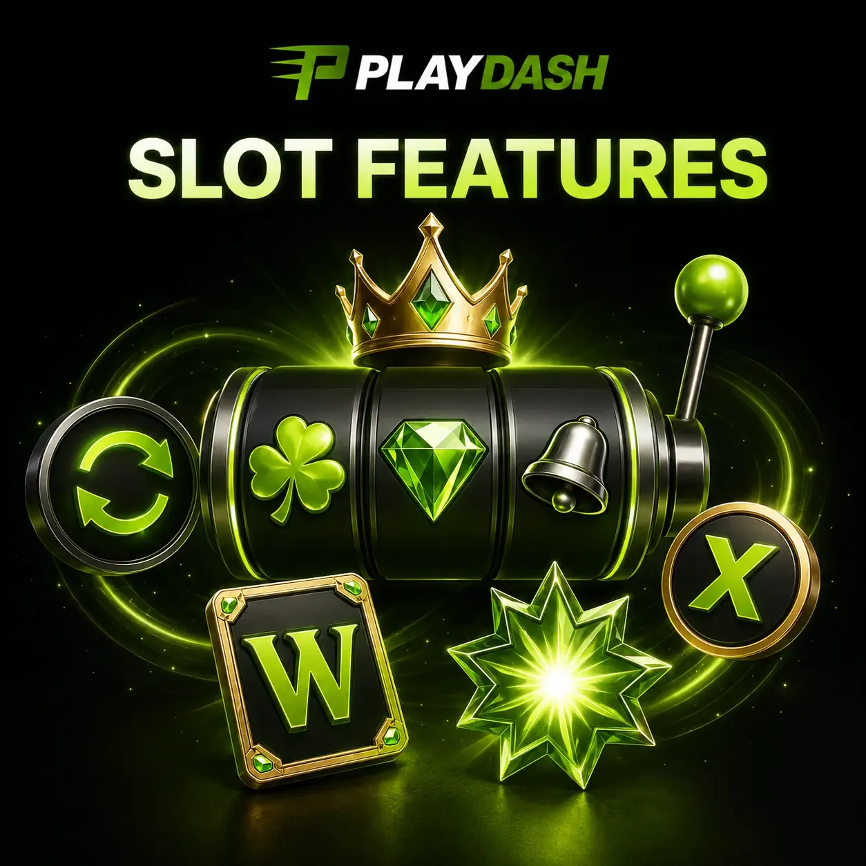 PlayDash artwork titled “Slot features” showing a reel with wild, multiplier and re-spin symbols