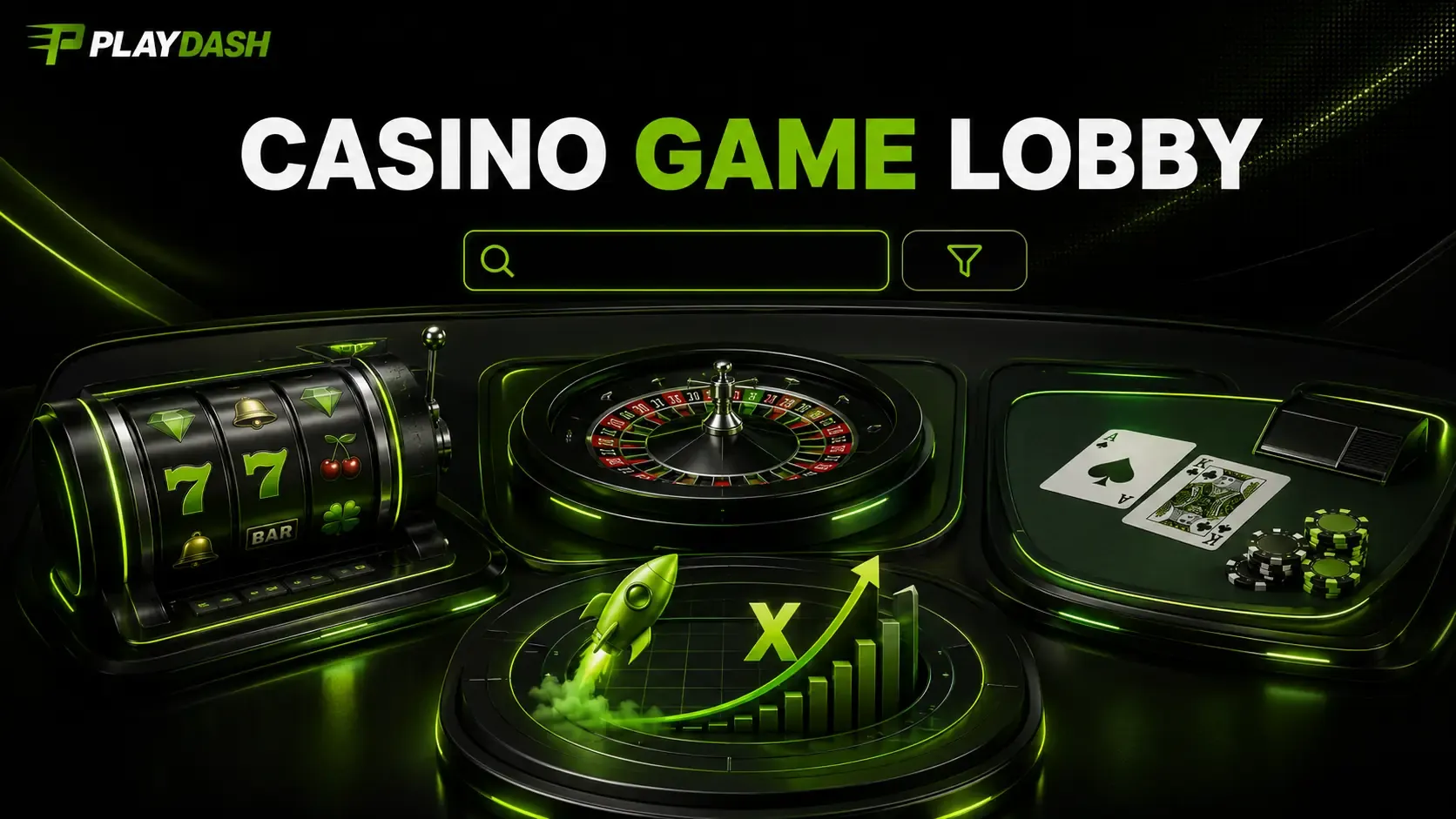 PlayDash“Casino game lobby”插画：老虎机、轮盘、纸牌赌桌和上升倍数的火箭