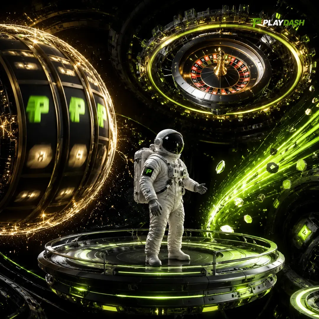 PlayDash 插画：宇航员站在老虎机转筒与轮盘之间的平台上